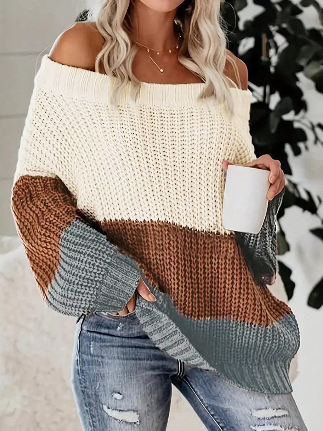 Color Block off Shoulder Sweater