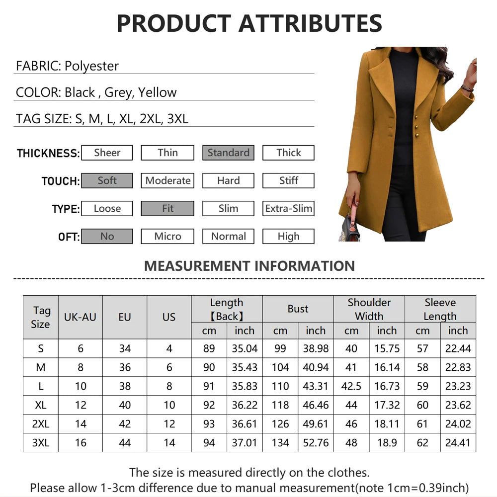 Winter New Slim Fit Woolen Coat Ladies Solid Color Long Jacket Casual Fashion Button Long Sleeve Stand-Up Mid-Length Woolen Coat