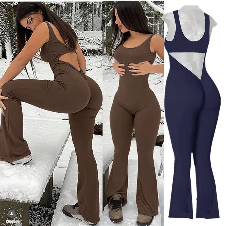 2024 S-XL Pad Women Gym Yoga Set Sports Rompers Deep V Back Fitness Workout Pant Flare Leggings One Piece Jumpsuit Active Wear