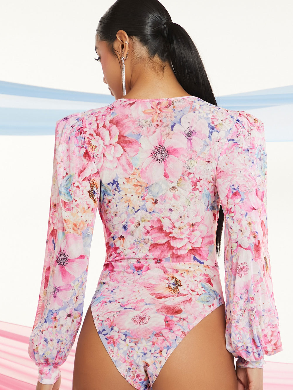 Floral Print Plunging Neck Lantern Sleeve Bodysuit