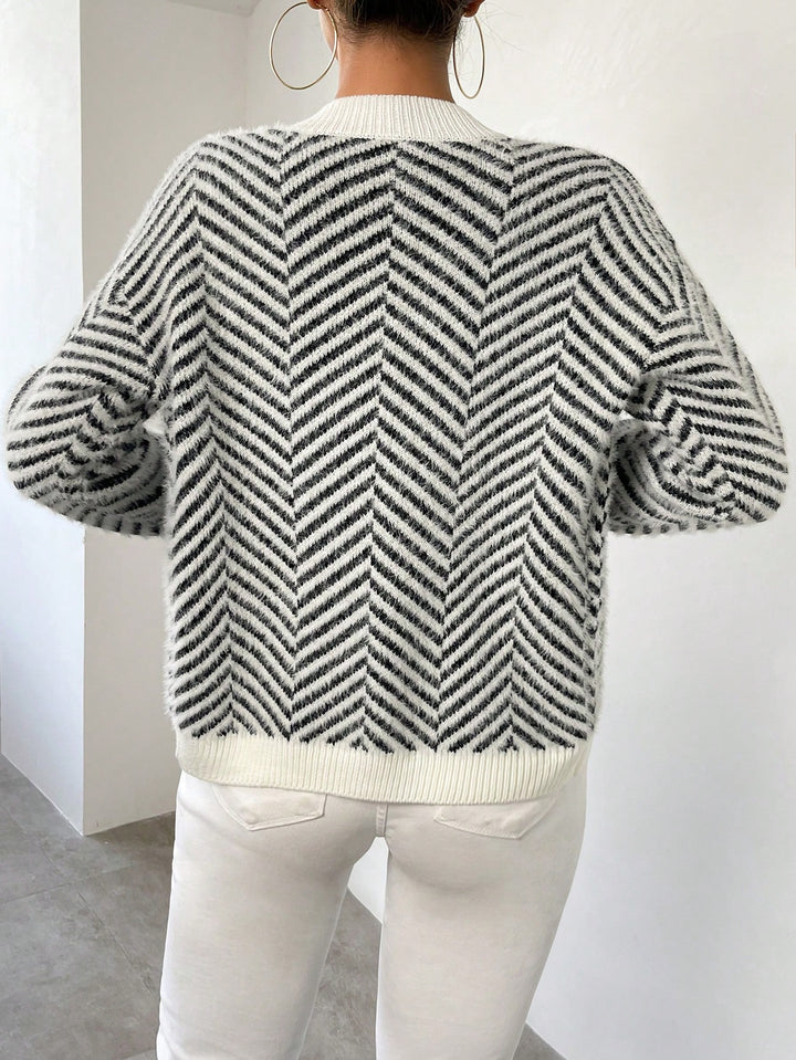 Striped Pattern Button Front Drop Shoulder Cardigan