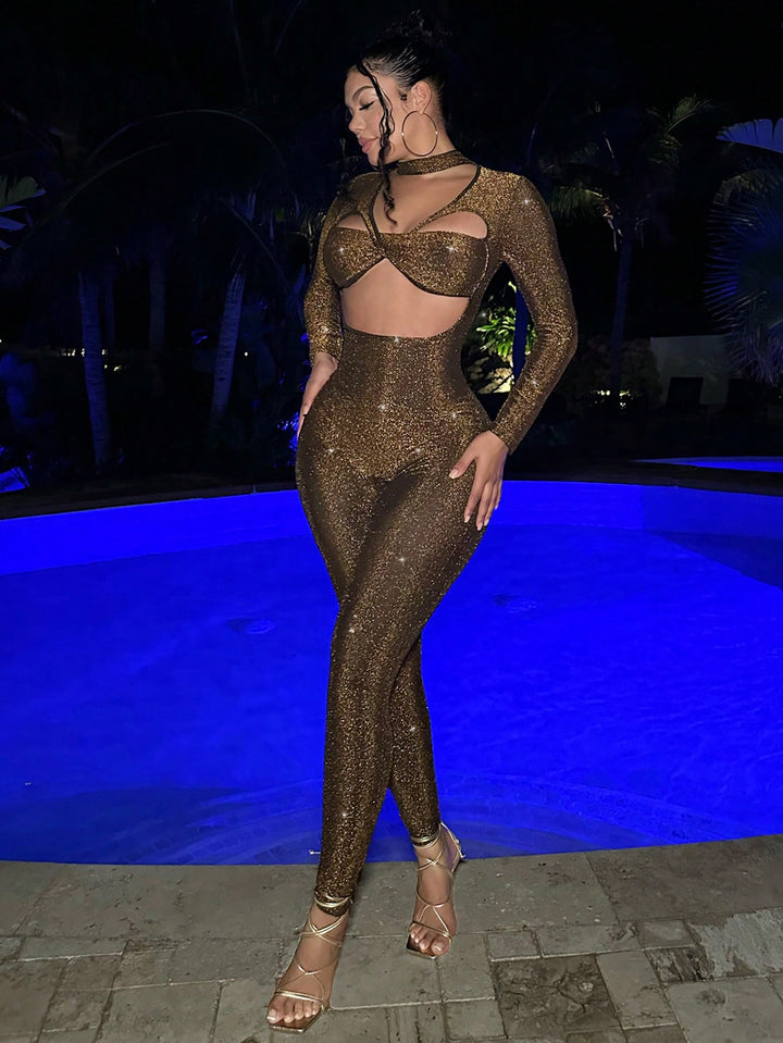  Sexy Outfits Club New Years Women Outfit Glitter Women'S Hollow Out & Sparkling Bodycon Jumpsuit