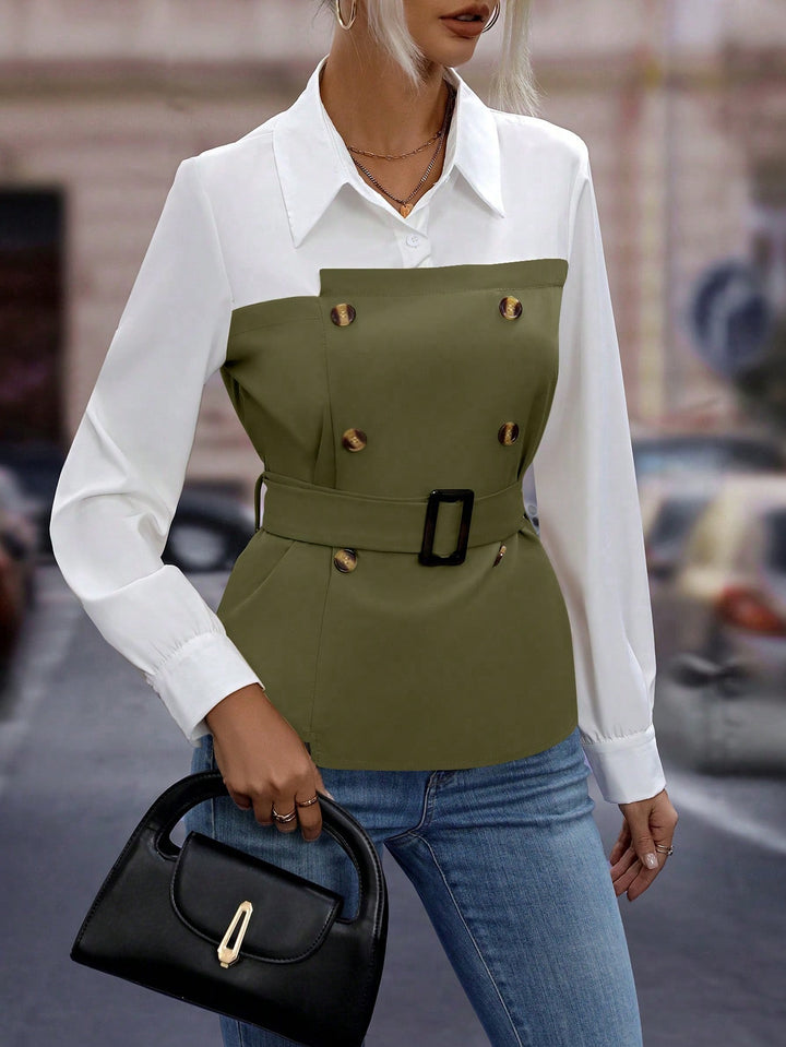 Double-Breasted Belt Decorated Two-In-One Blouse