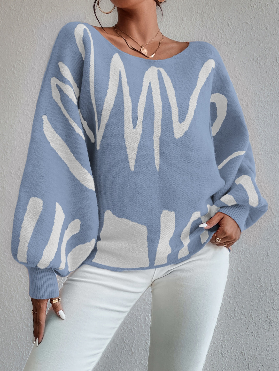 Graphic Pattern Lantern Sleeve Sweater