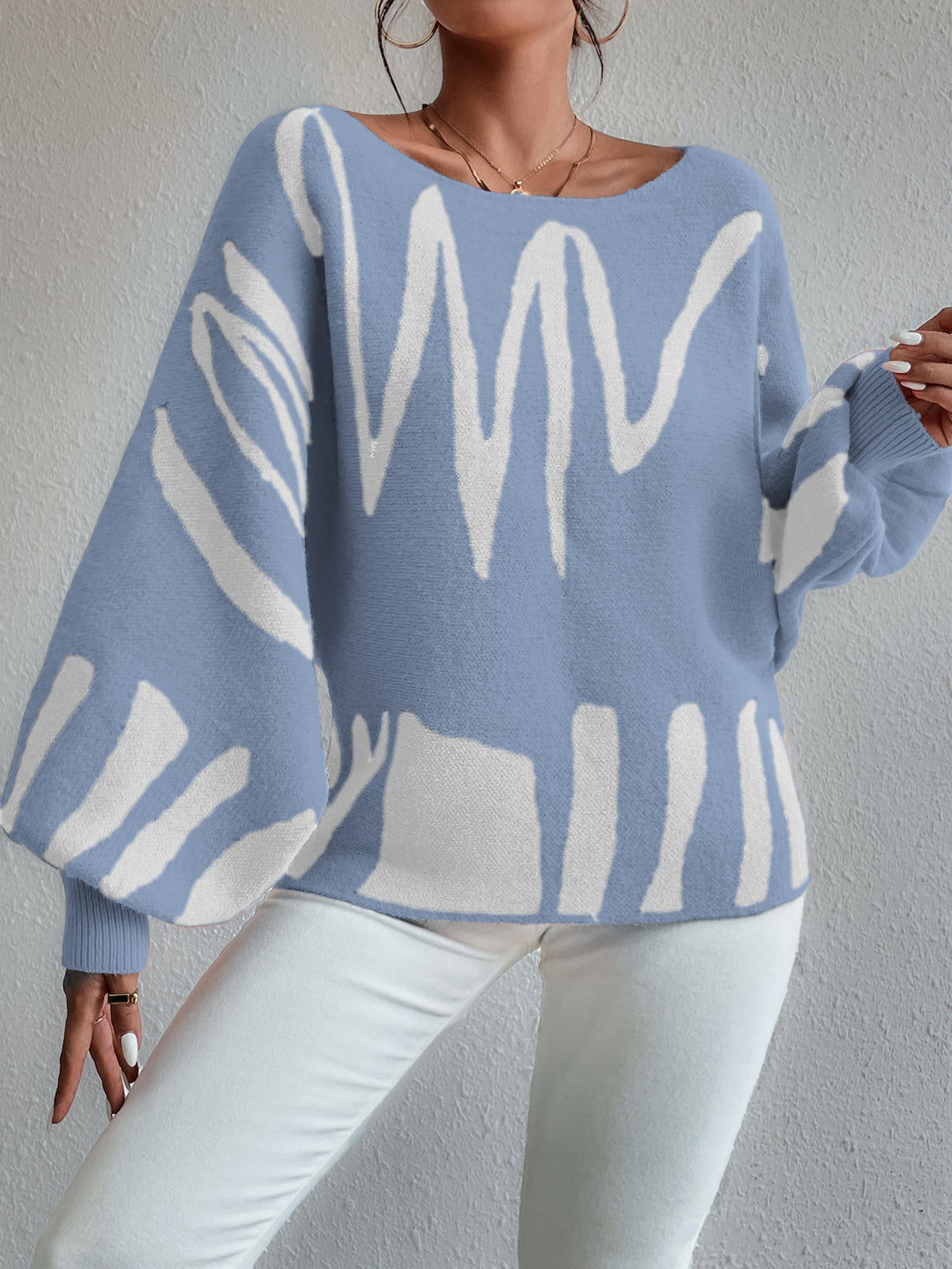 Graphic Pattern Lantern Sleeve Sweater