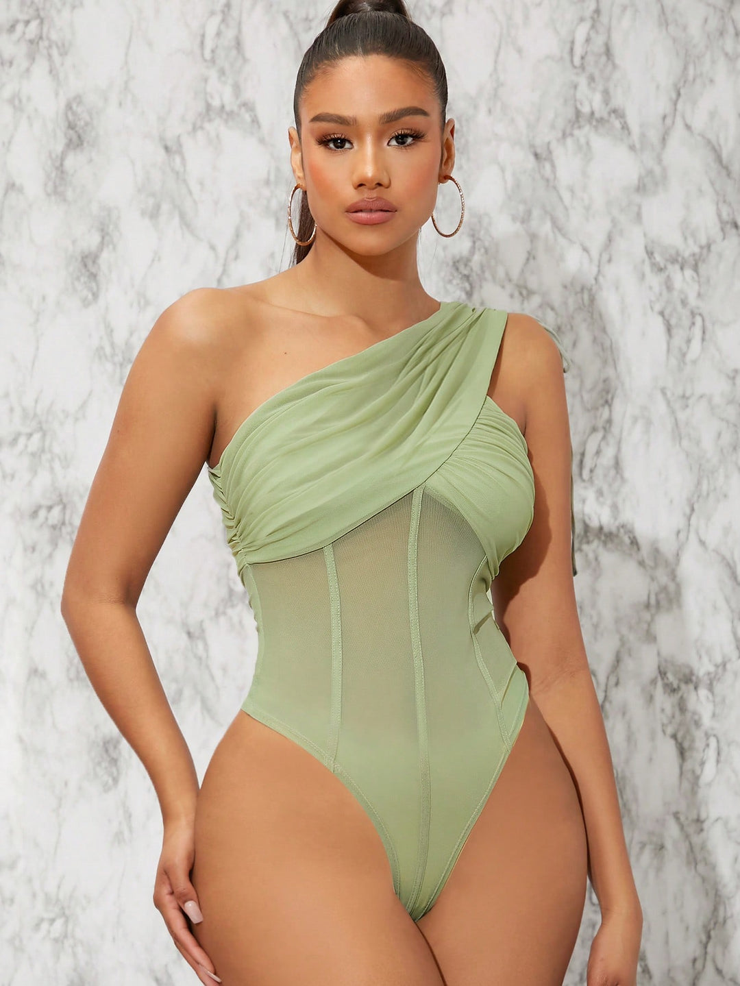 One Shoulder Ruched Mesh Panel Bodysuit