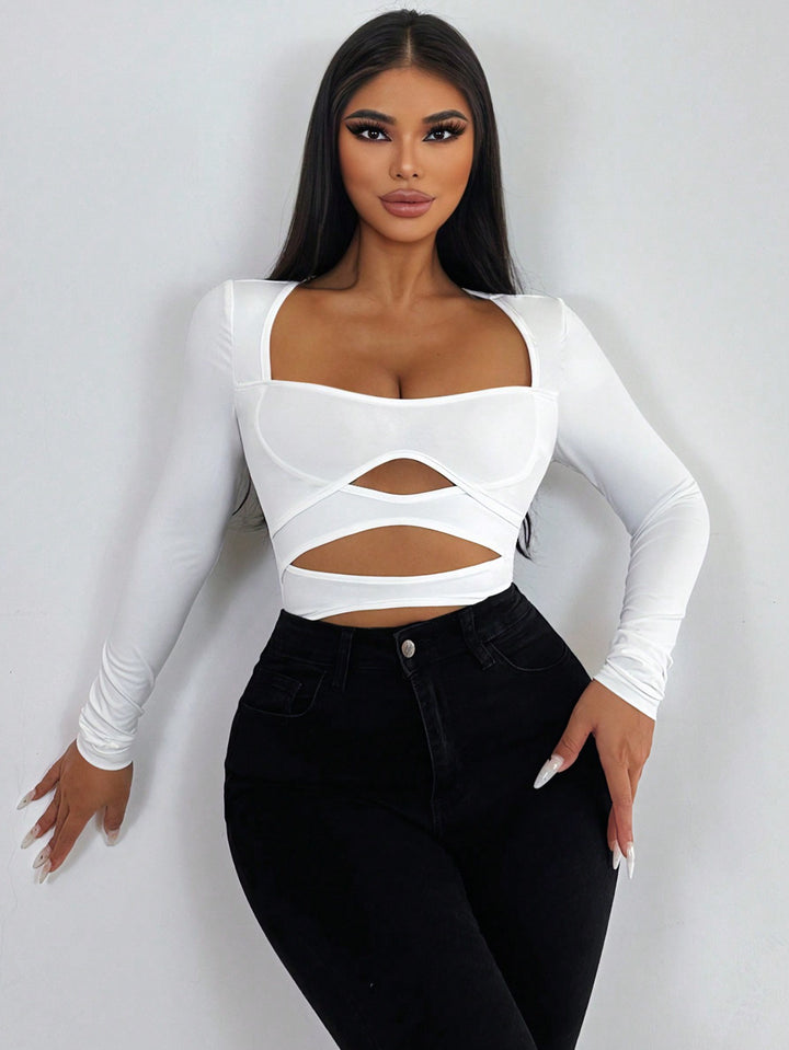 Solid Color Hollow Out Bodysuit