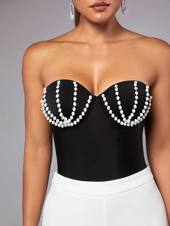 Black Strapless Bodysuit with Imitation Pearl Embellishment