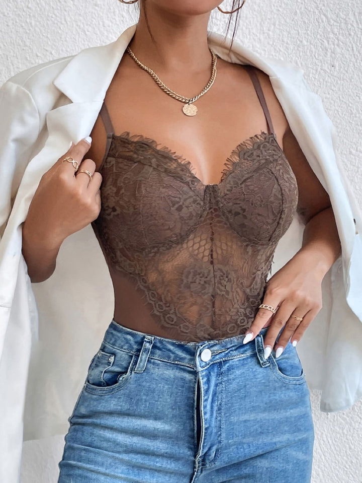 Contrast Mesh Bustier Eyelash Lace Cami Bodysuit