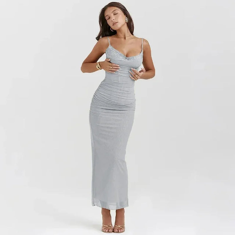 Summer Mesh Maxi Dresses for Women 2023 Rose Spaghetti Strap Bodycon Dress Elegant Formal Occasion Dress Female