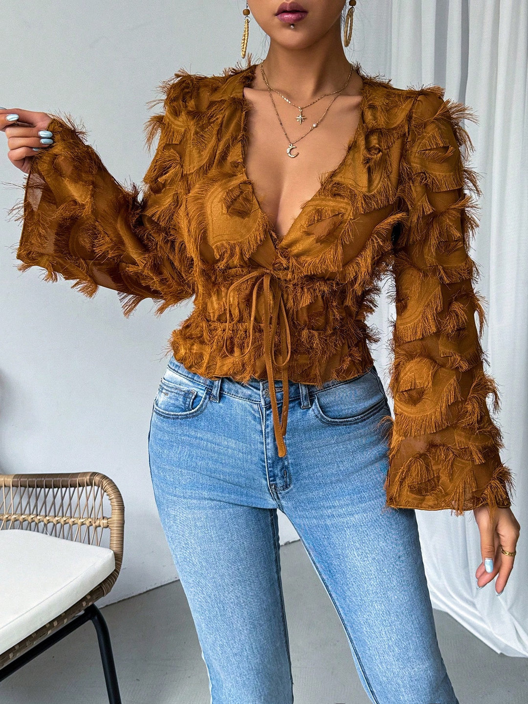 Fringed Flare Sleeve Tie Front Shirt