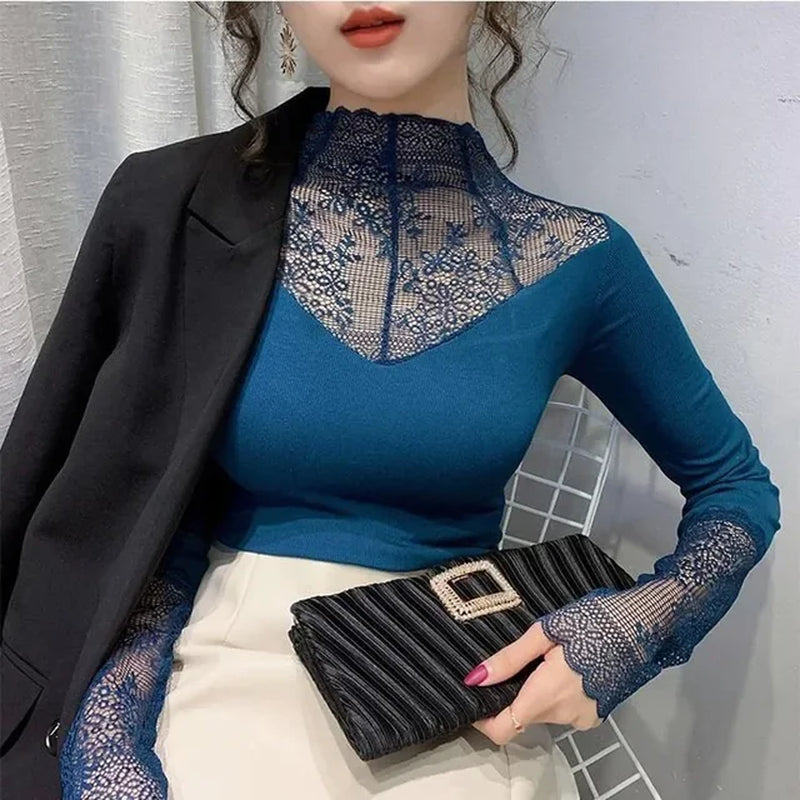 Women Elegant Lace Blouse Female Sexy Mesh Long Sleeve Shirt Tops plus Size Fashion Floral Embroidery Hollow Out Solid Blouses