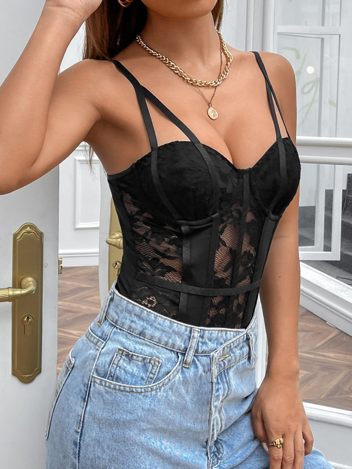 Contrast Mesh Bustier Cami Lace Bodysuit without Brief