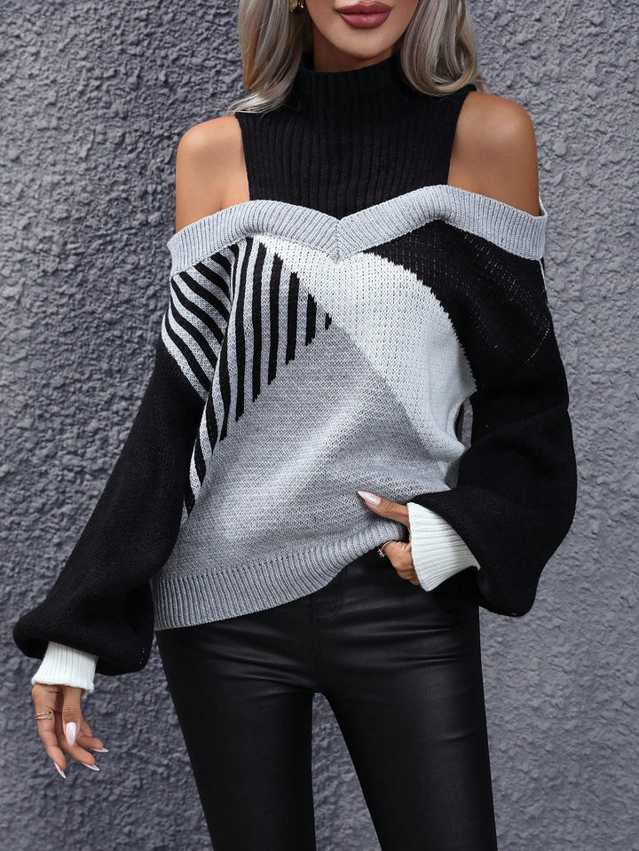 Colorblock Cold Shoulder Sweater