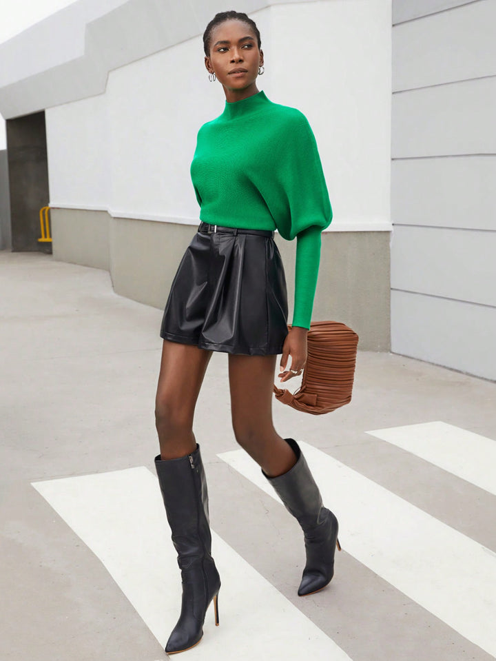 Solid Color Green Turtleneck Batwing Sleeve Women'S Sweater