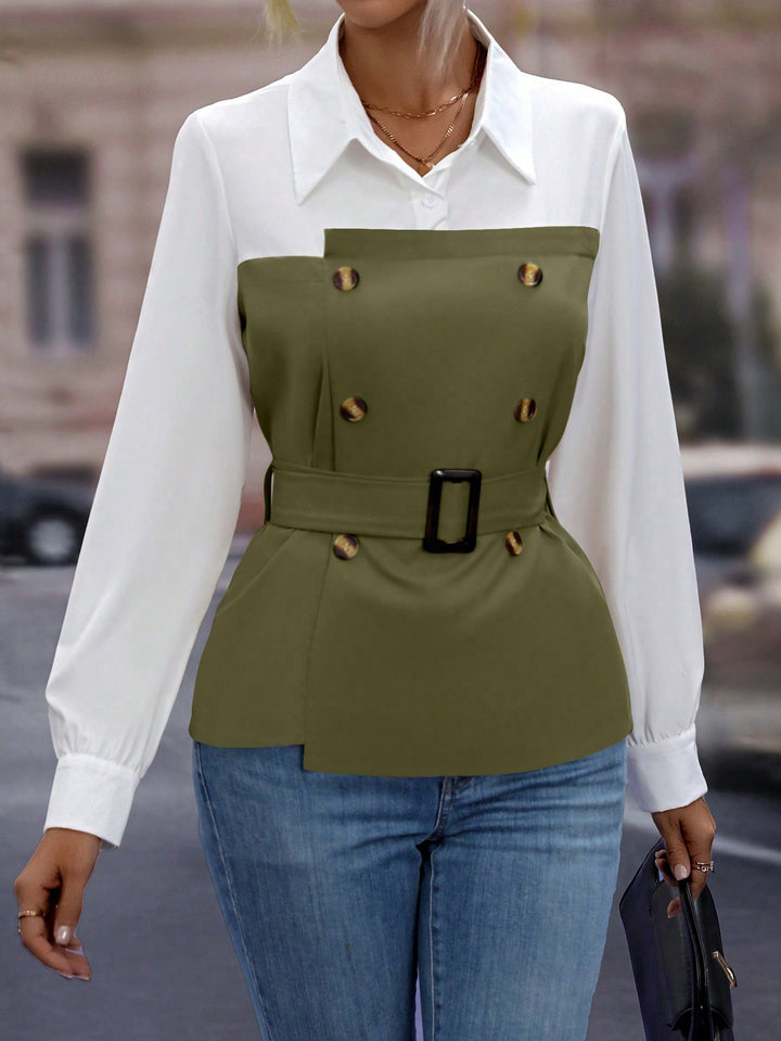 Double-Breasted Belt Decorated Two-In-One Blouse