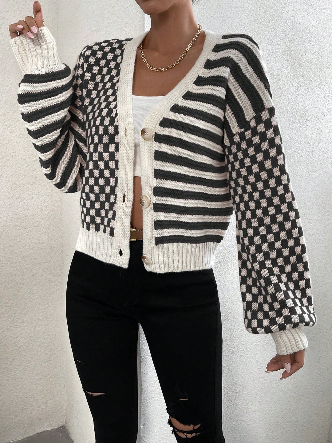 Contrast Striped & Checker Pattern Lantern Sleeve Drop Shoulder Cardigan