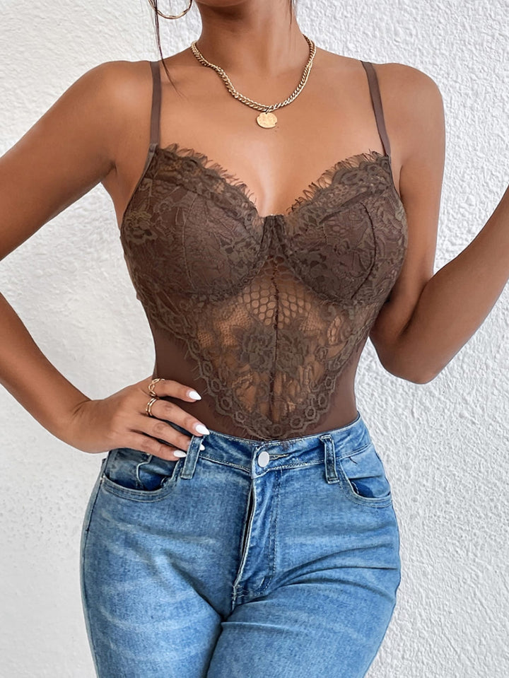 Contrast Mesh Bustier Eyelash Lace Cami Bodysuit