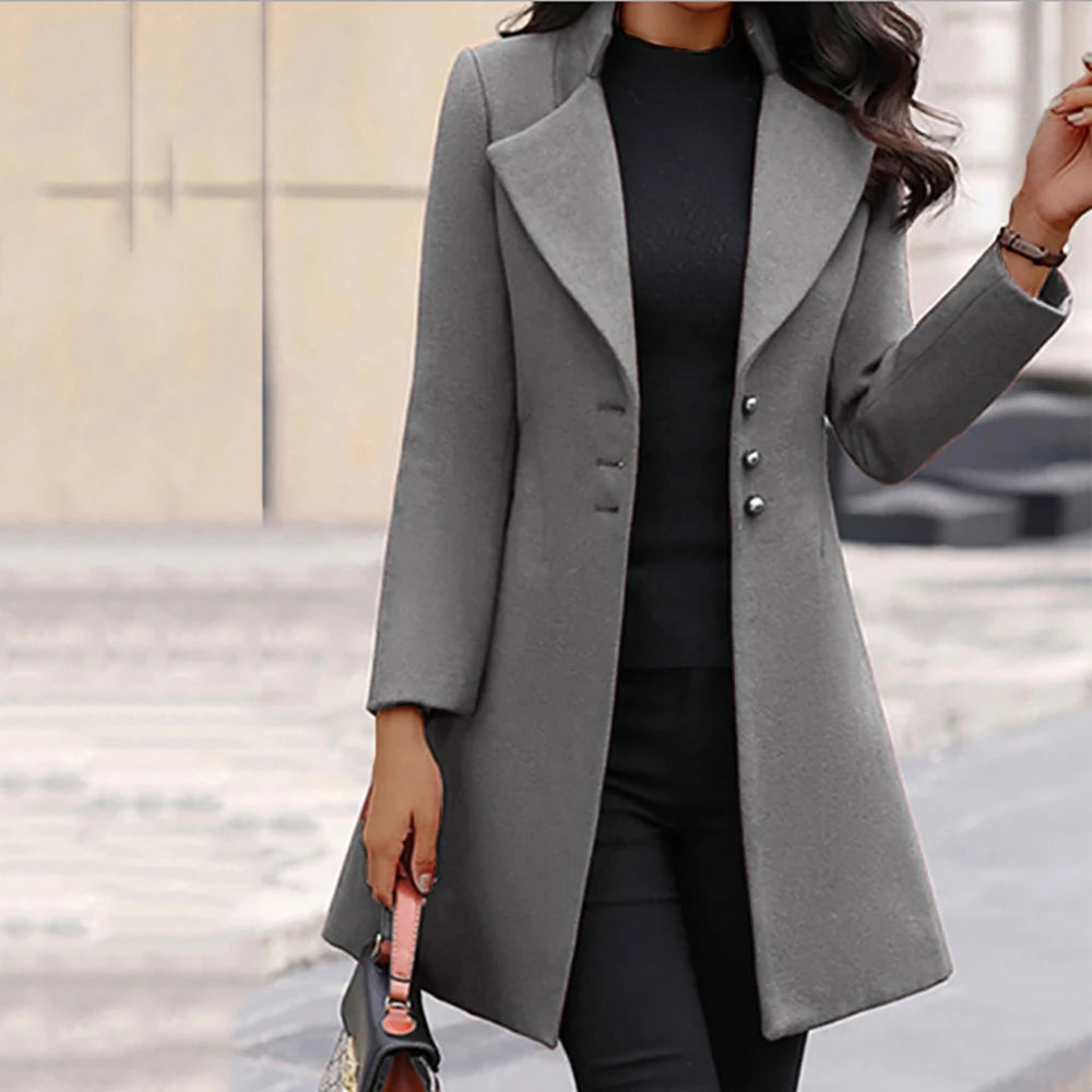 Winter New Slim Fit Woolen Coat Ladies Solid Color Long Jacket Casual Fashion Button Long Sleeve Stand-Up Mid-Length Woolen Coat