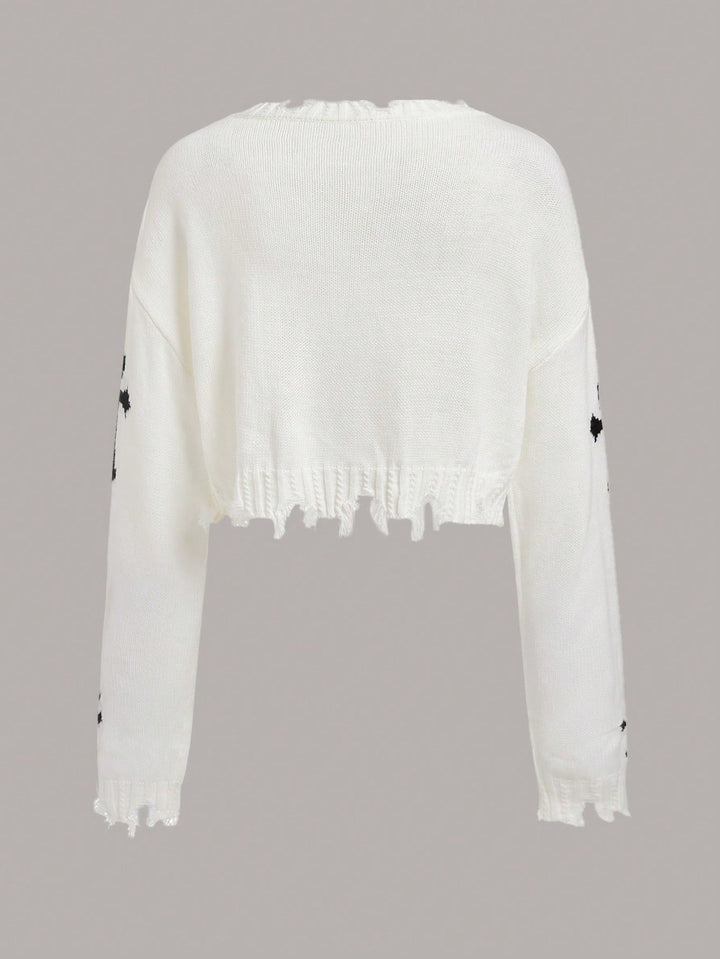 Cross Pattern Distressed Drop Shoulder Sweater 