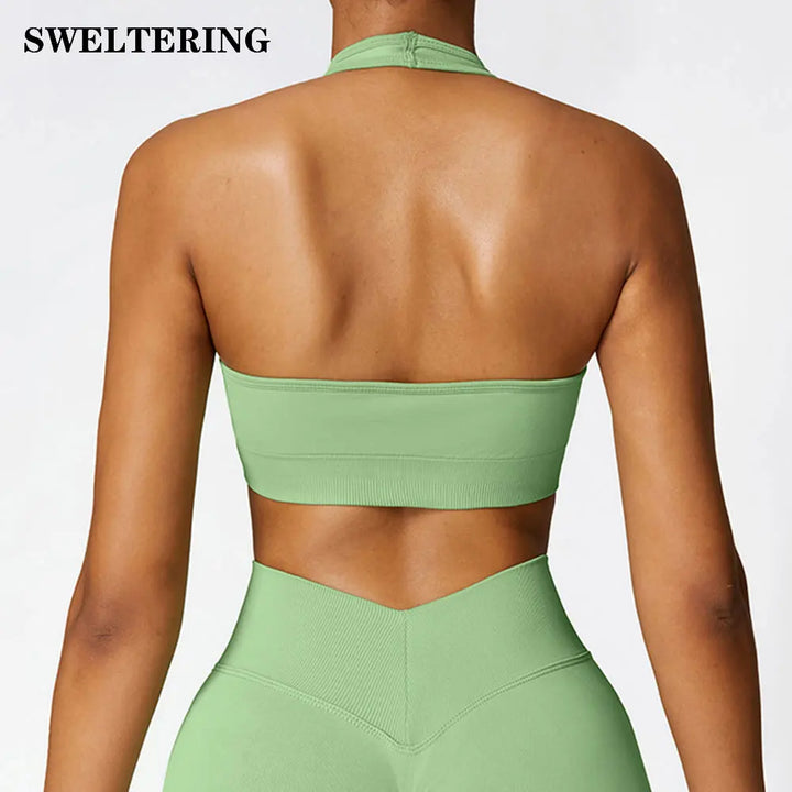 Women Hanging Neck Sports Bra High Support Impact Ruched Fitness Gym Yoga Top Workout Clothes Push-Up Corset Padded Activewear