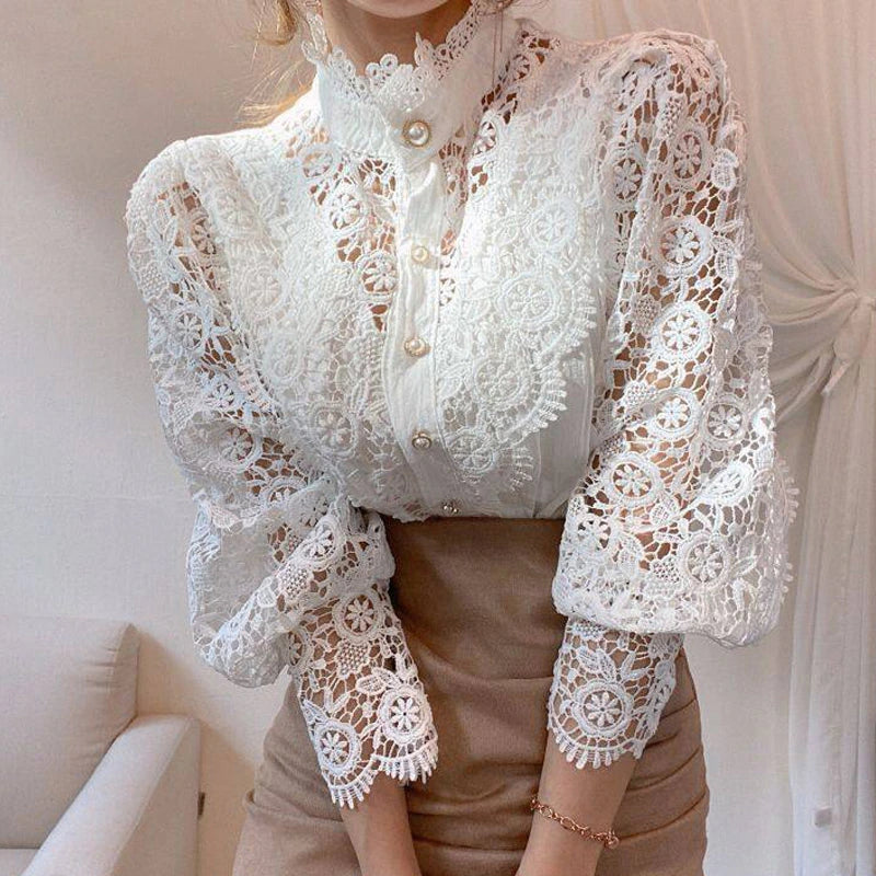 New Vintage White Lace Blouse Shirts Women 2023 Korean Button Loose Shirt Tops Female Hollow Casual Ladies Blouses Blusas 12419