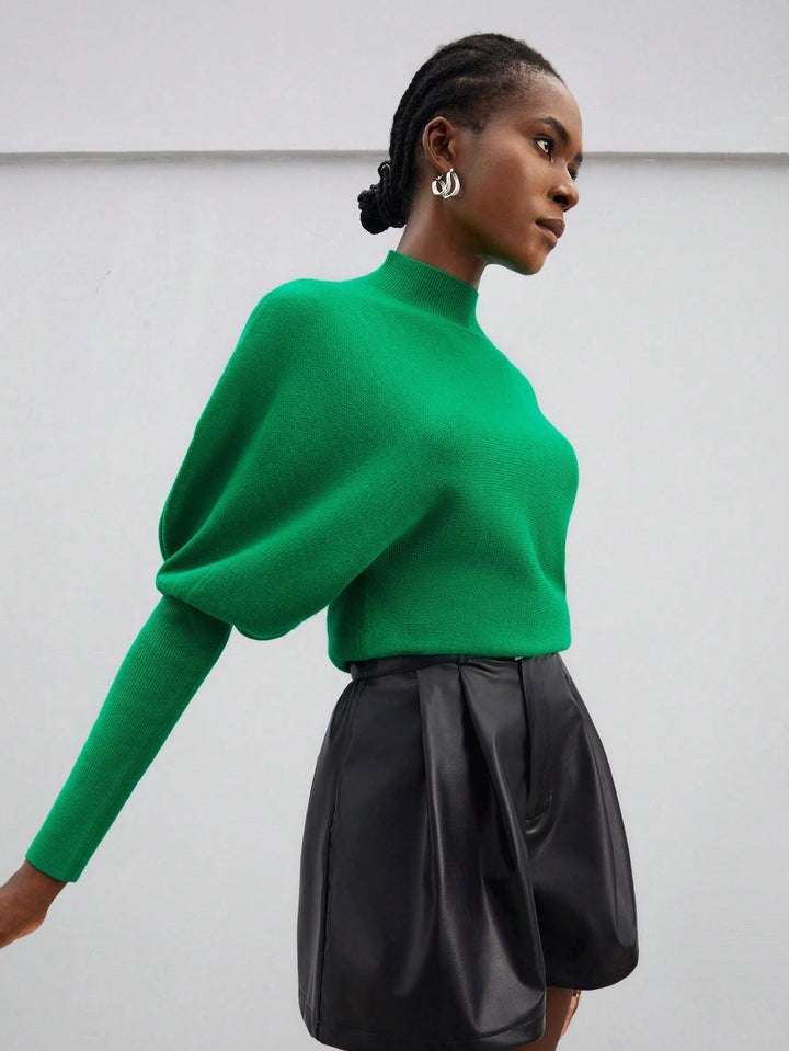 Solid Color Green Turtleneck Batwing Sleeve Women'S Sweater