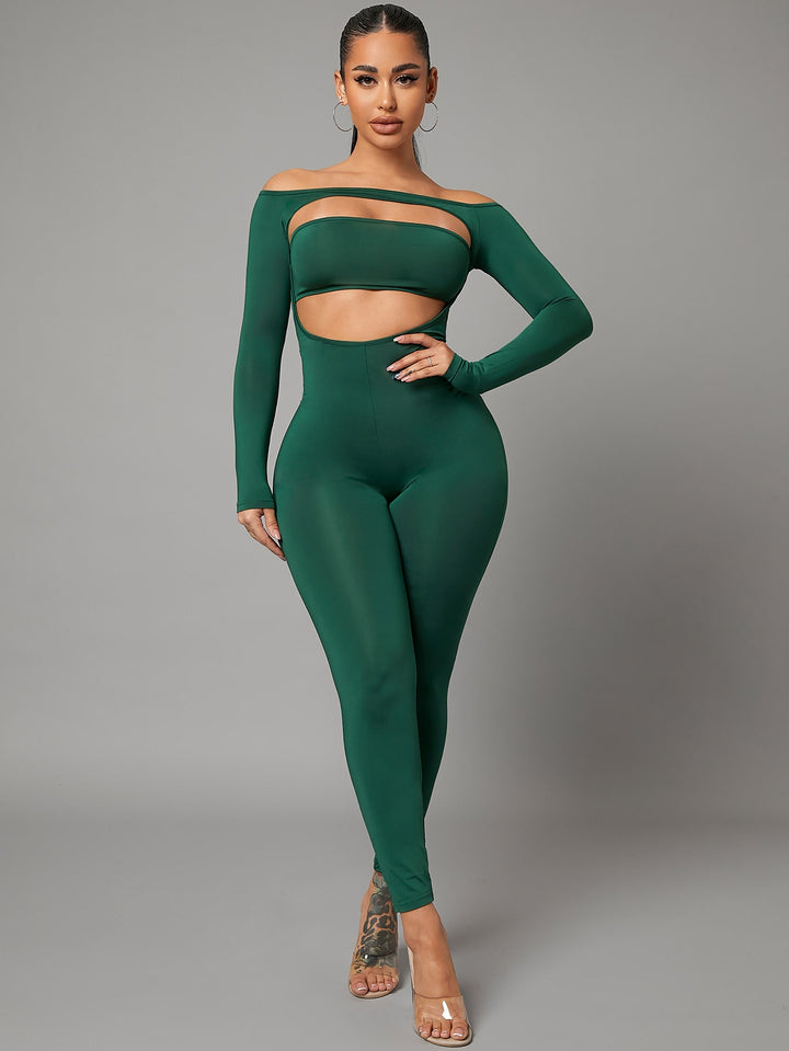 Off Shoulder Cut Out Front Unitard Romper