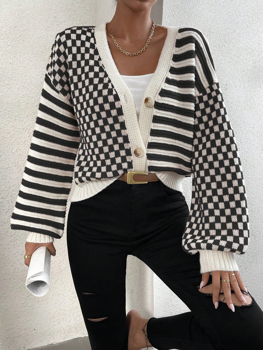 Contrast Striped & Checker Pattern Lantern Sleeve Drop Shoulder Cardigan