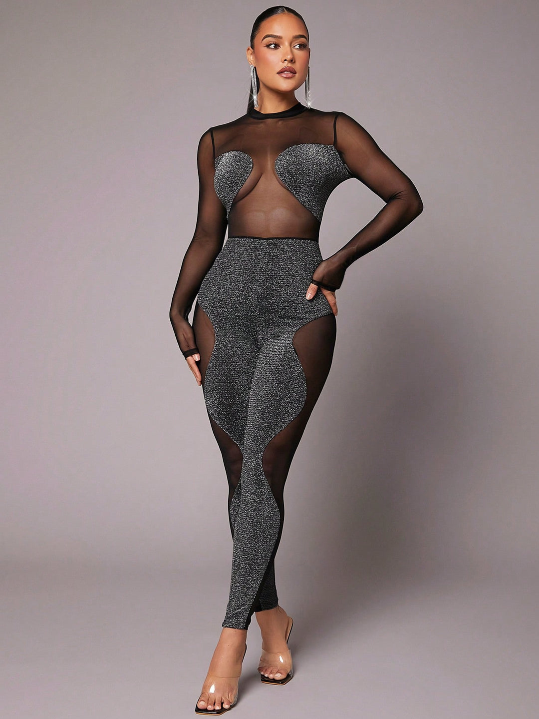 Glitter Mesh Insert Jumpsuit