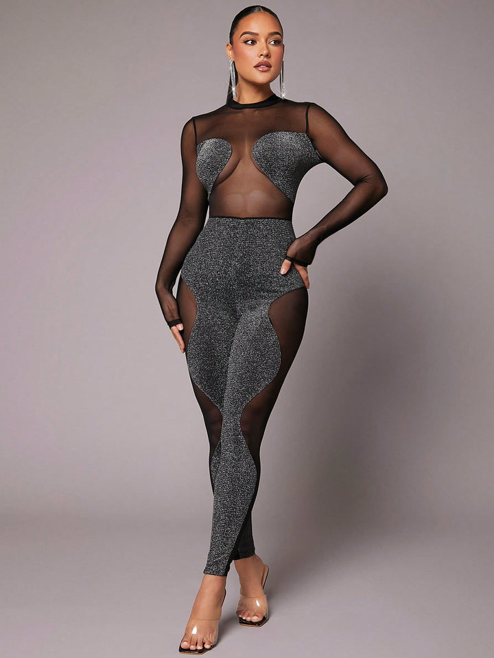 Glitter Mesh Insert Jumpsuit