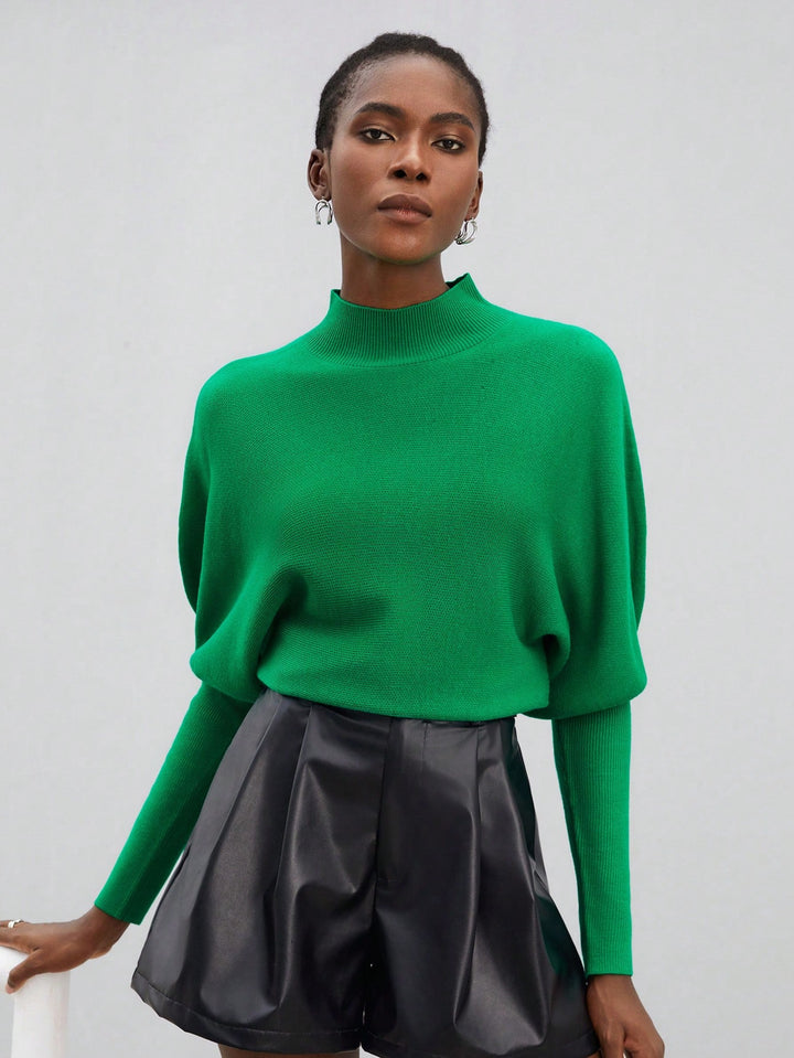 Solid Color Green Turtleneck Batwing Sleeve Women'S Sweater