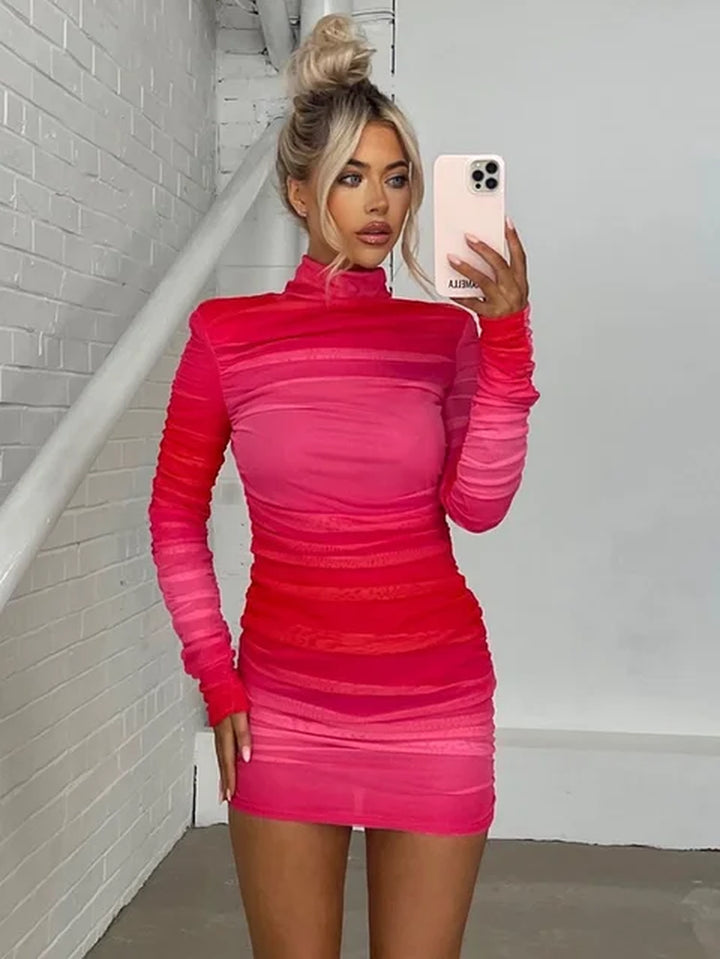 Turtleneck Long Sleeve Ruched Mini Dress Women 2023 Autumn Winter New Two Layer Mesh Bodycon Sexy Dress Femme Vestidos