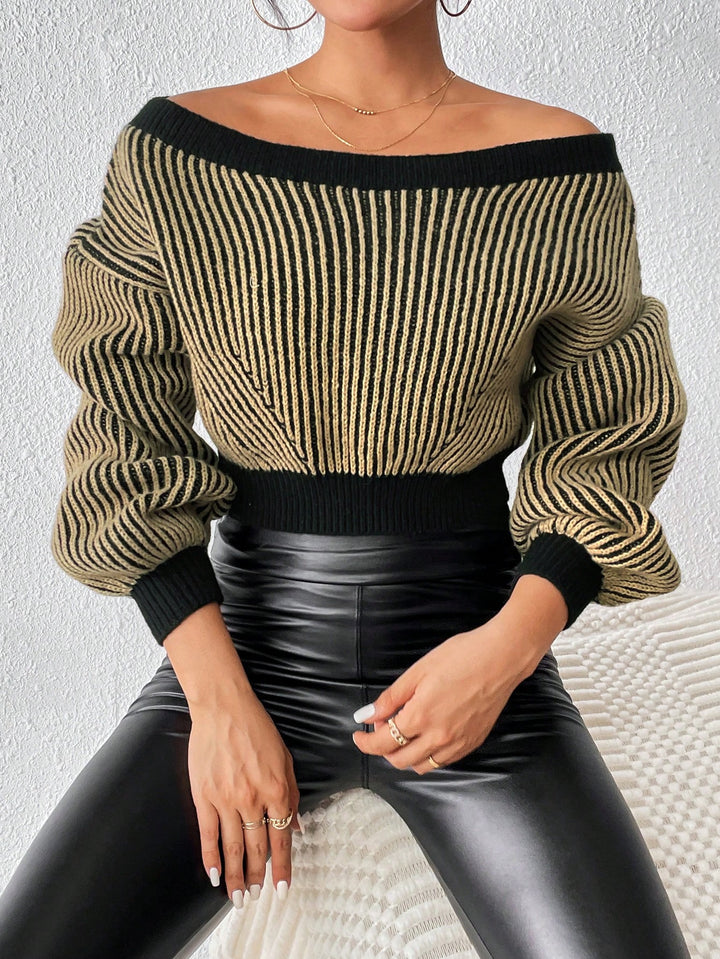 SHEIN Privé Striped Pattern off Shoulder Lantern Sleeve Contrast Trim Sweater