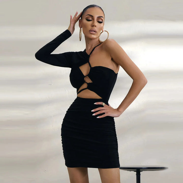 Blue One Shoulder Long Sleeve Sexy Dress Fashion Hollow Backless Pleated Nightclub Dress for Women Hip Wrap Bodycon Mini Dresses