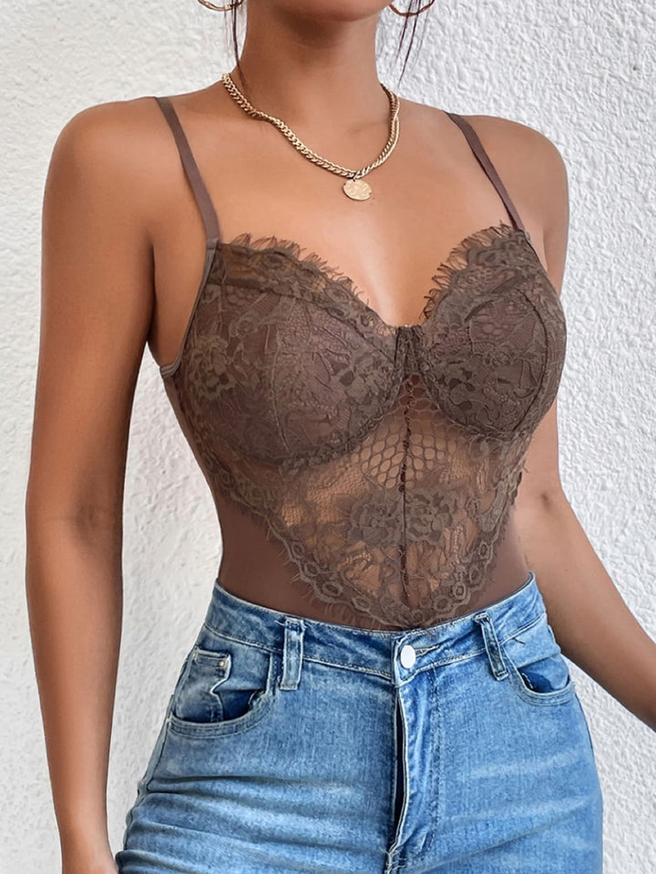 Contrast Mesh Bustier Eyelash Lace Cami Bodysuit