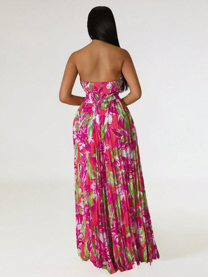 Sleeveless Wrapped Chest Floral Print Jumpsuit with High Waist and Pleated Pants for Summer