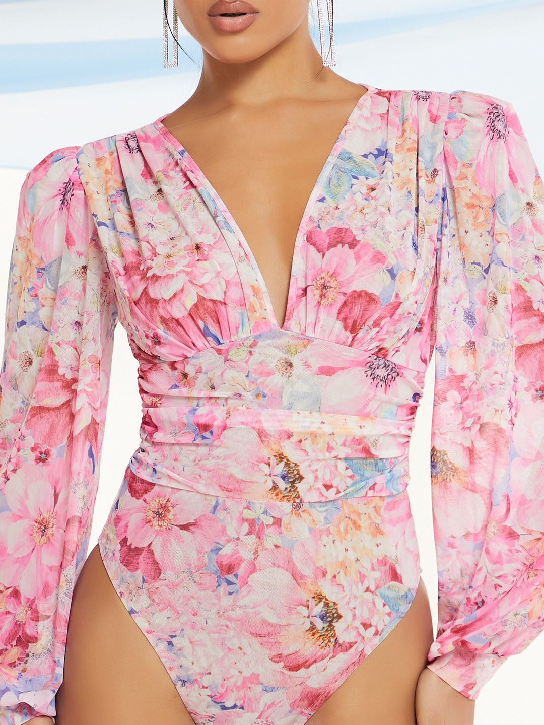 Floral Print Plunging Neck Lantern Sleeve Bodysuit