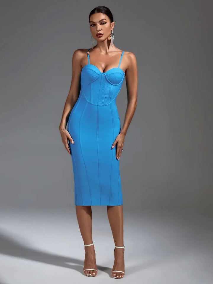 Blue Bandage Dress Women Midi Party Dress Bodycon Elegant Sexy Spaghetti Strap Evening Birthday Club Outfits Summer 2023