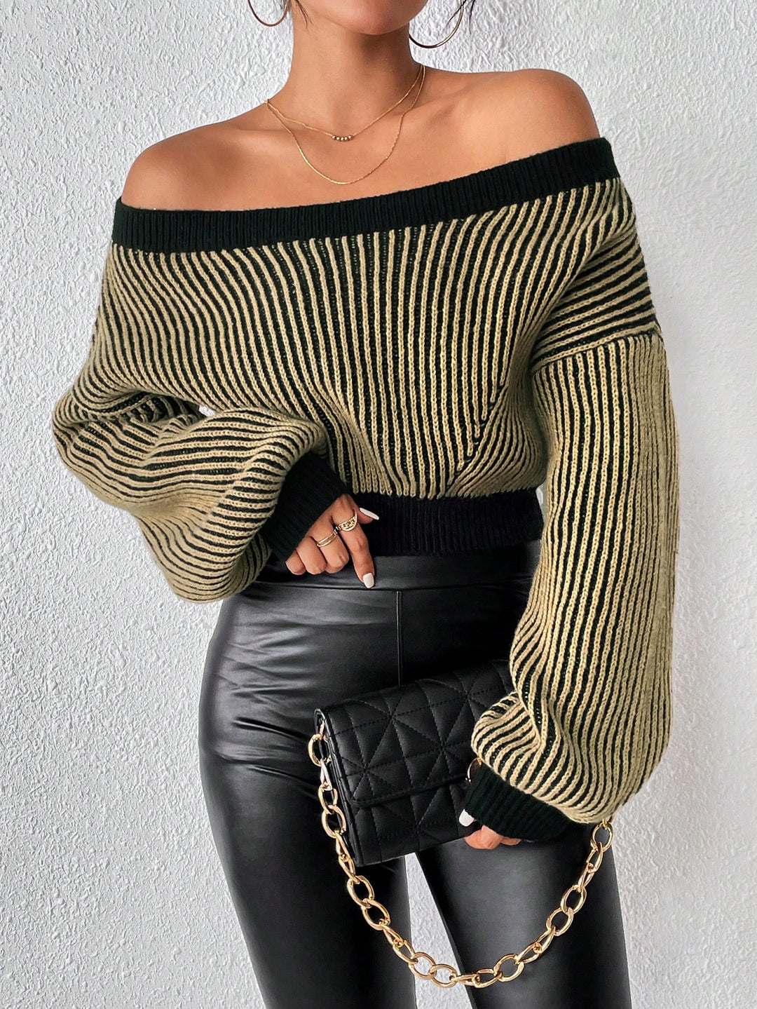 SHEIN Privé Striped Pattern off Shoulder Lantern Sleeve Contrast Trim Sweater