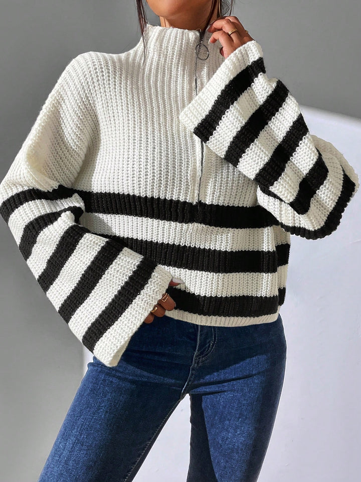 Striped Pattern Half Zip Drop Shoulder Sweater