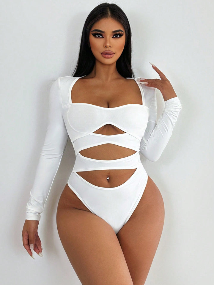 Solid Color Hollow Out Bodysuit