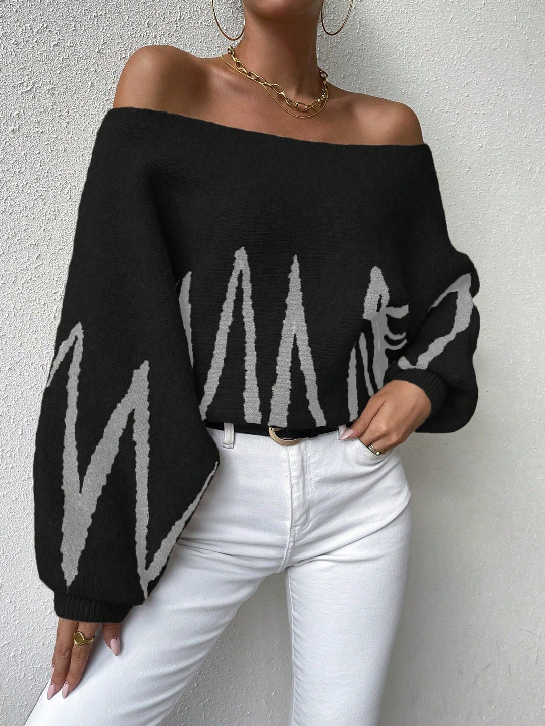 Chevron Pattern off Shoulder Lantern Sleeve Sweater