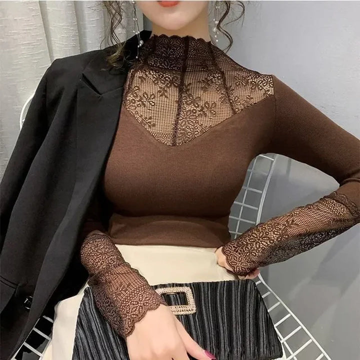 Women Elegant Lace Blouse Female Sexy Mesh Long Sleeve Shirt Tops plus Size Fashion Floral Embroidery Hollow Out Solid Blouses