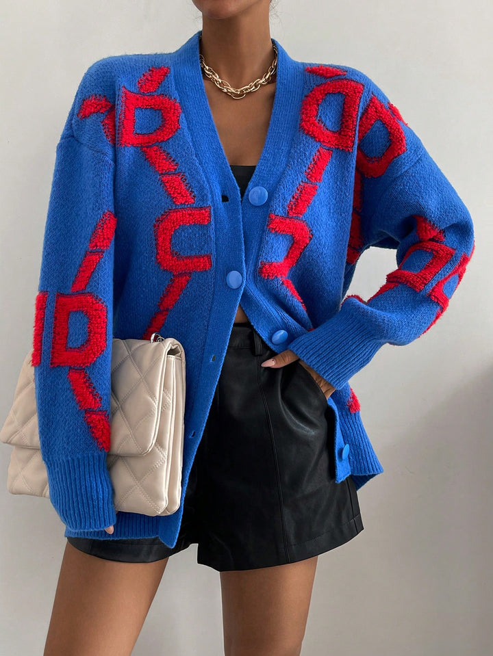  Letter Pattern Drop Shoulder Cardigan