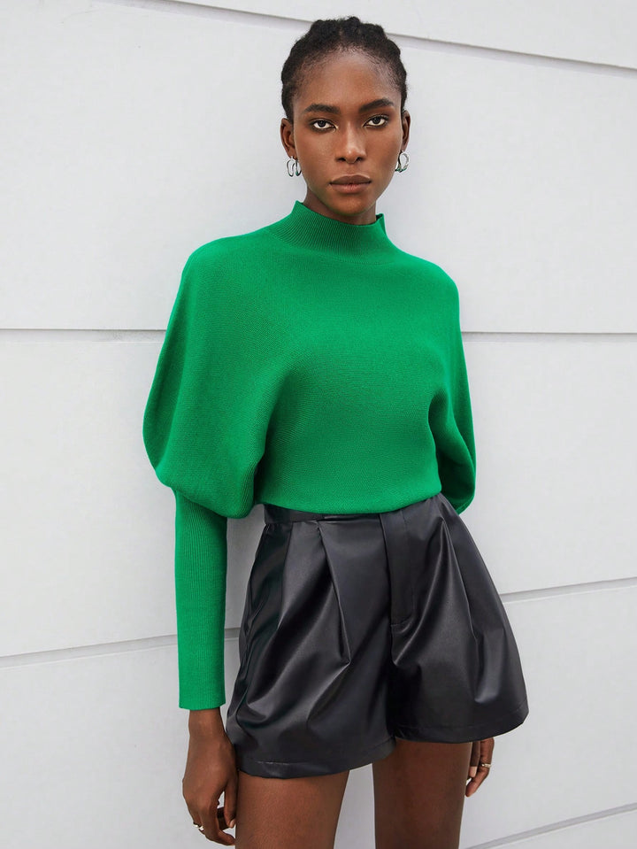 Solid Color Green Turtleneck Batwing Sleeve Women'S Sweater