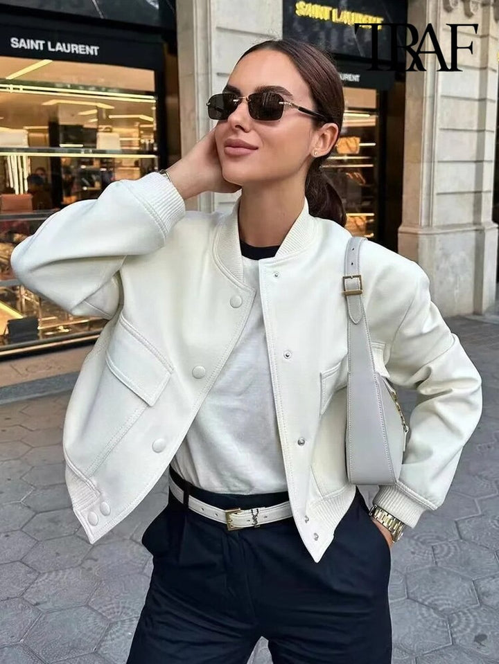 Women Fashion with Pockets Bomber Jacket Coats Vintage Long Sleeve Front Button Casual Female Outerwear Chic Tops