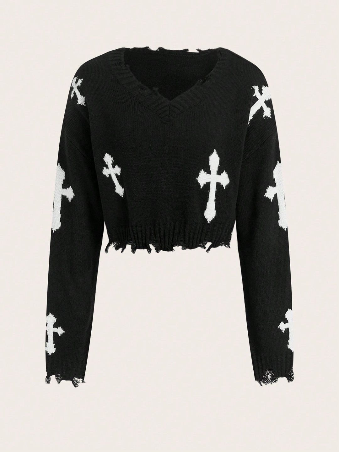 Cross Pattern Distressed Drop Shoulder Sweater 