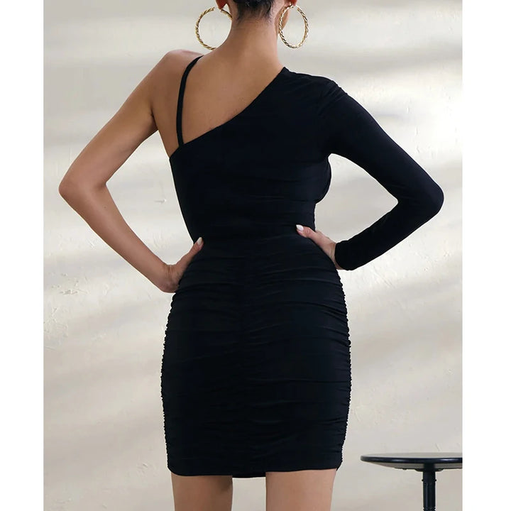 Blue One Shoulder Long Sleeve Sexy Dress Fashion Hollow Backless Pleated Nightclub Dress for Women Hip Wrap Bodycon Mini Dresses