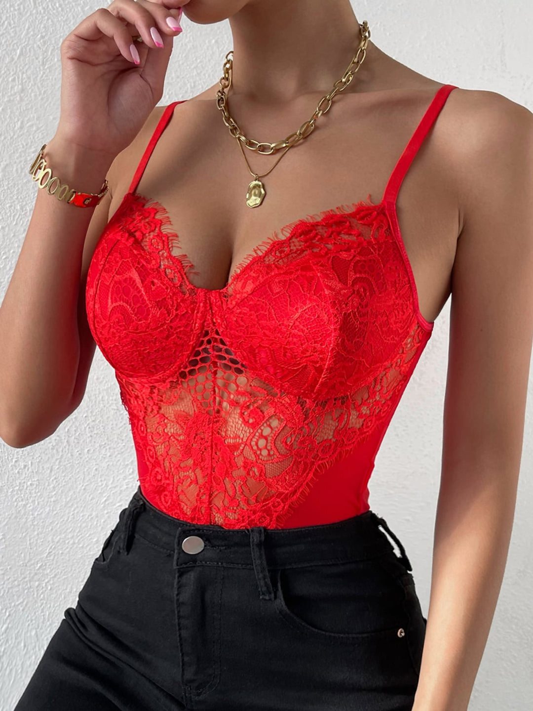 Contrast Mesh Bustier Eyelash Lace Cami Bodysuit